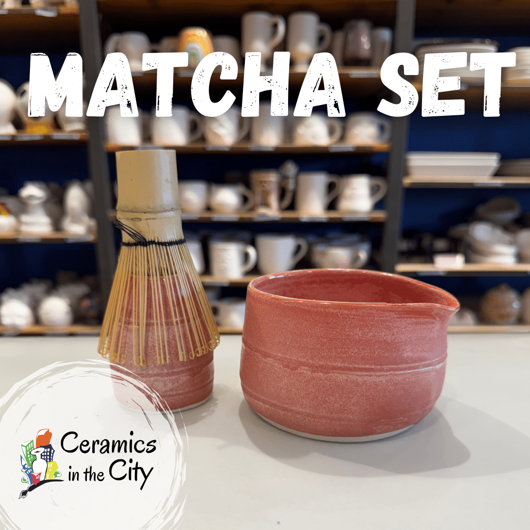 Pink pottery matcha bowl and whisk holder on a wheel at Ceramics in the City